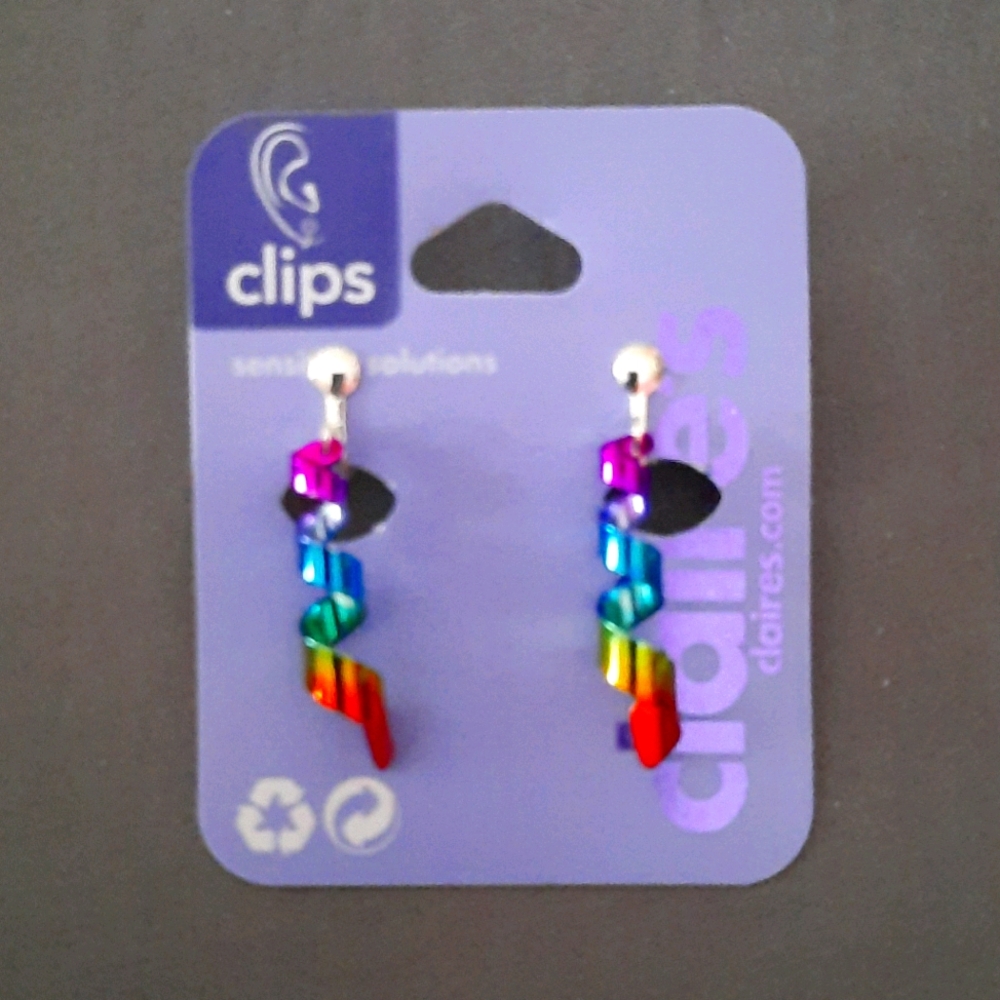 Silver 1" Rainbow Spiral Clip On Drop Earrings